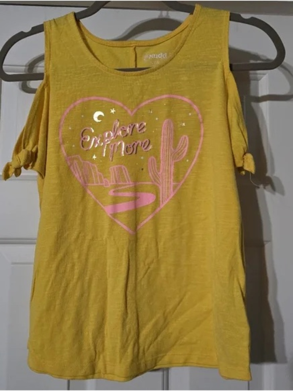 Xhilaration Yellow Cold-Shoulder Tank with Pink Desert Heart Graphic